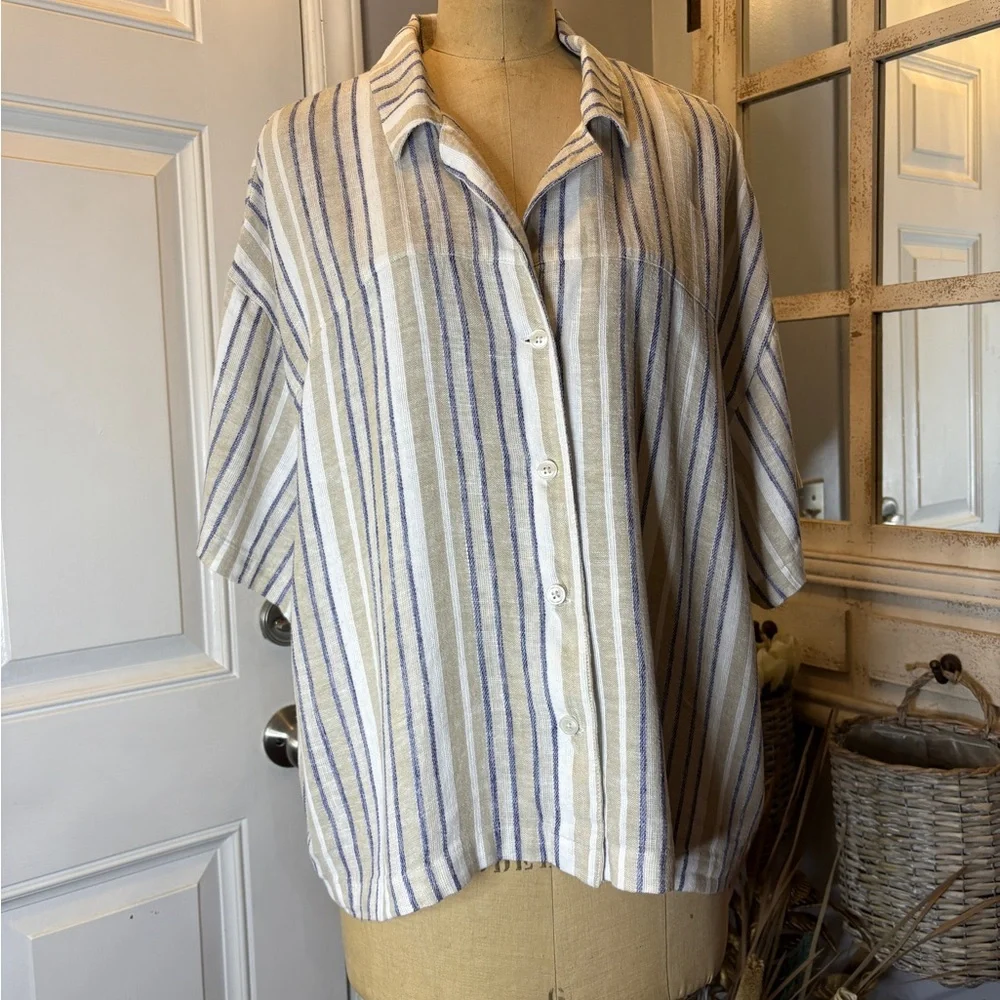 Banana Republic Beige and Blue Striped Minimalist Linen Blend Casual Shirt SZ XL
